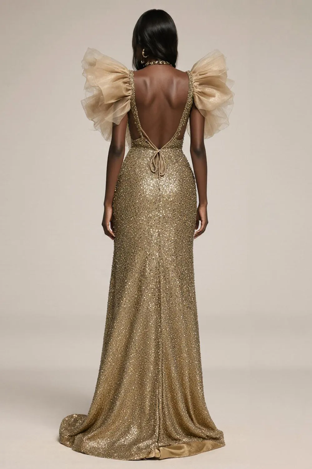 Sparkly Gold Mermaid Ruffled Pageant Dress with Slit sold by Zapaka product image thumbnail 2