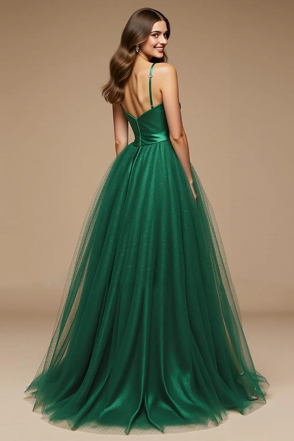 Green Spaghetti Straps A-Line Long Pageant Dress sold by Zapaka product image thumbnail 2