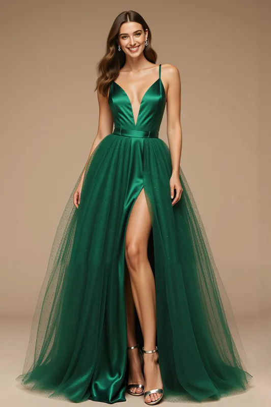 Green Spaghetti Straps A-Line Long Pageant Dress sold by Zapaka
