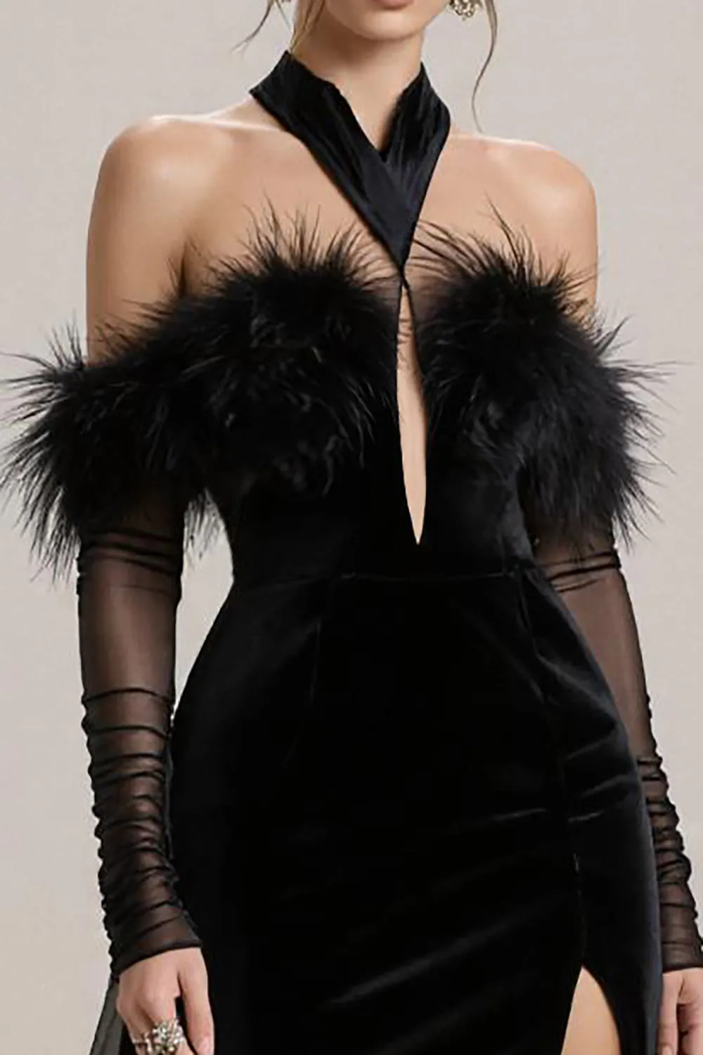 Black Cold Shoulder Velvet Pageant Dress with Slit sold by Zapaka product image thumbnail 3