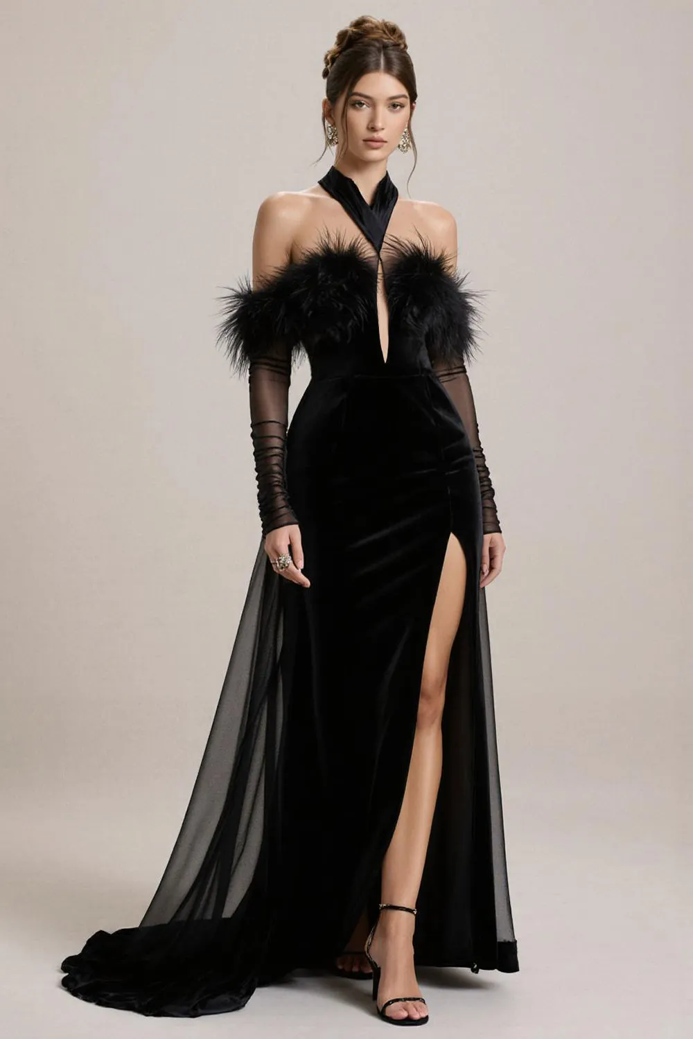 Black Cold Shoulder Velvet Pageant Dress with Slit sold by Zapaka