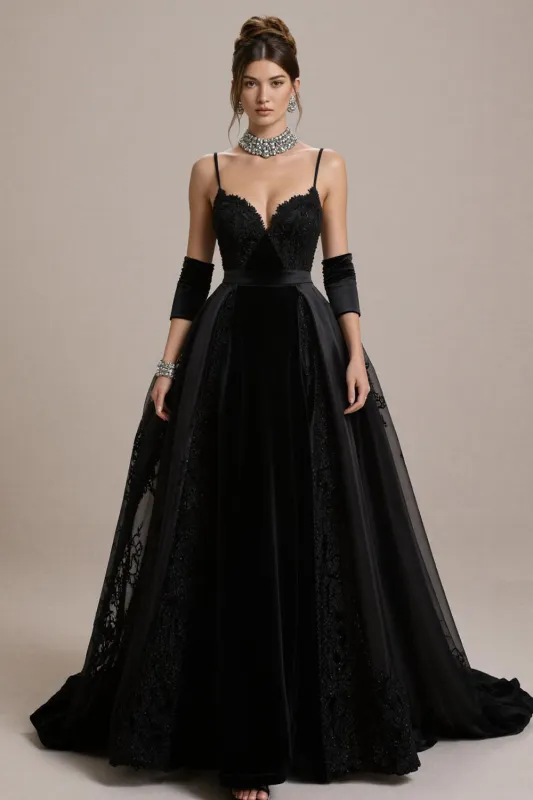 Black Lace Appliqued A-Line Pageant Dress made by Zapaka