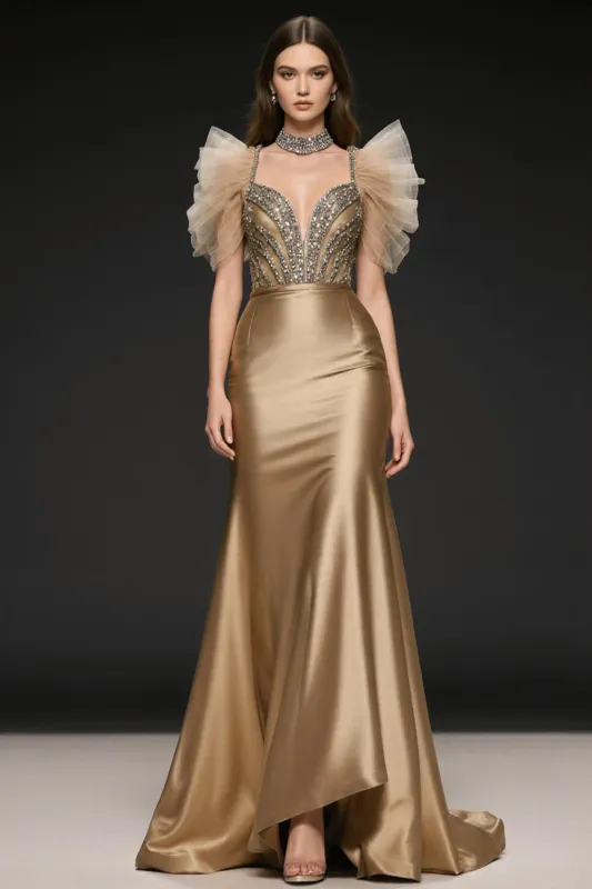 Champagne Mermaid Sequin Long Pageant Dress sold by Zapaka