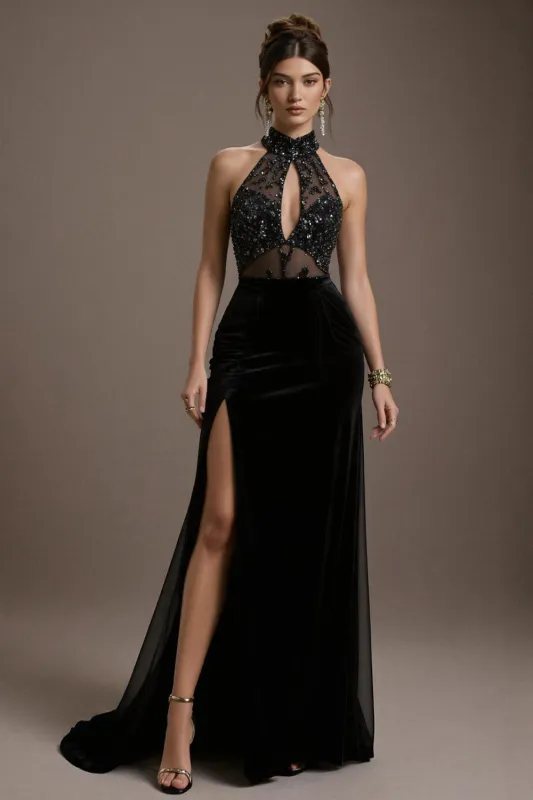 Halter Sequin Black A Line Pageant Dress with Slit sold by Zapaka