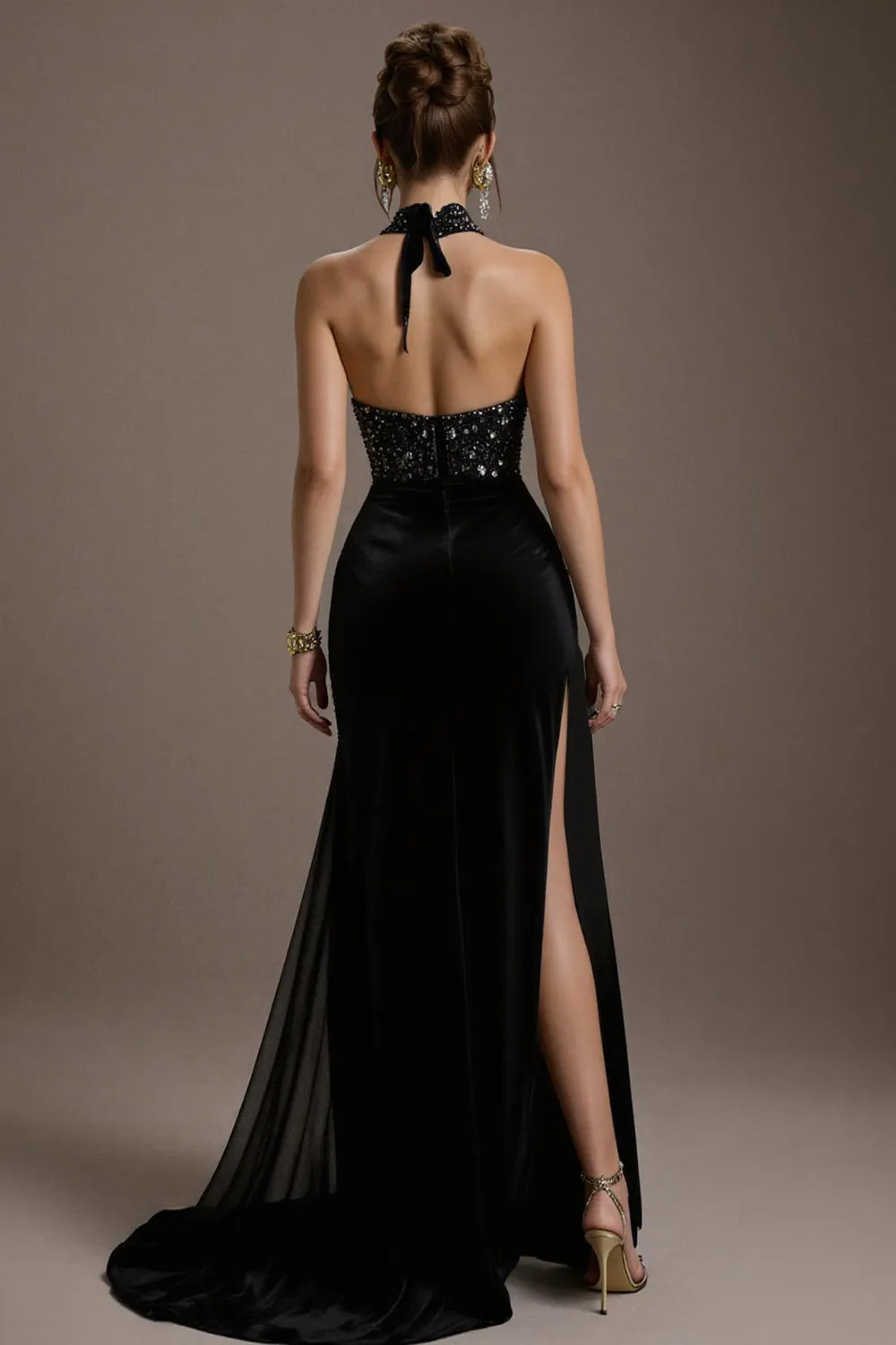 Halter Sequin Black A Line Pageant Dress with Slit sold by Zapaka product image thumbnail 2