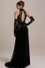 Black Halter Lace A Line Long Pageant Dress with Slit sold by Zapaka