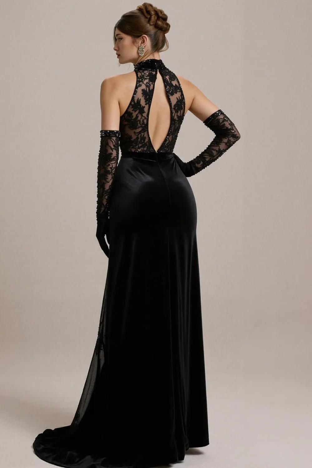 Black Halter Lace A Line Long Pageant Dress with Slit sold by Zapaka product image thumbnail 2