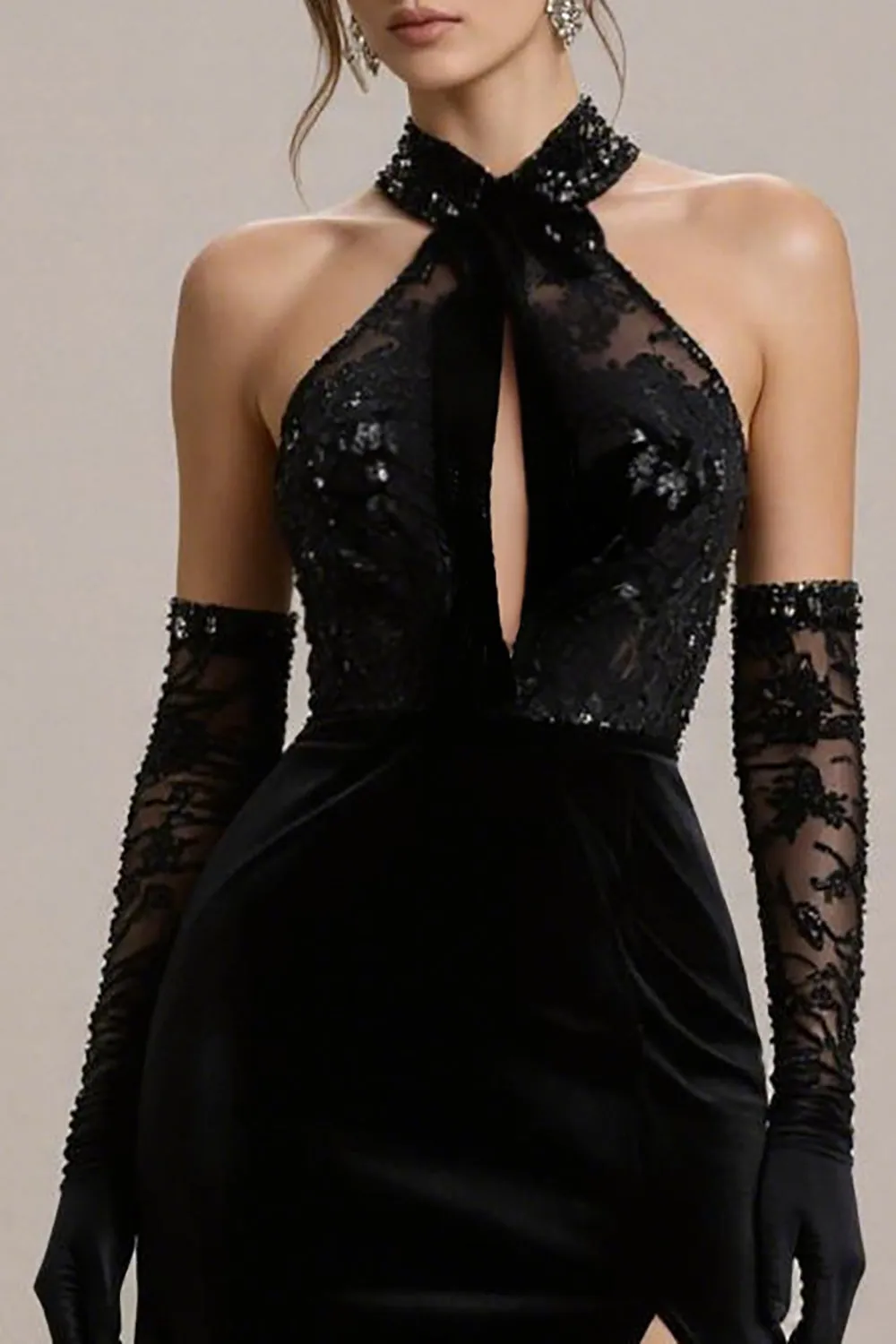 Black Halter Lace A Line Long Pageant Dress with Slit sold by Zapaka product image thumbnail 3