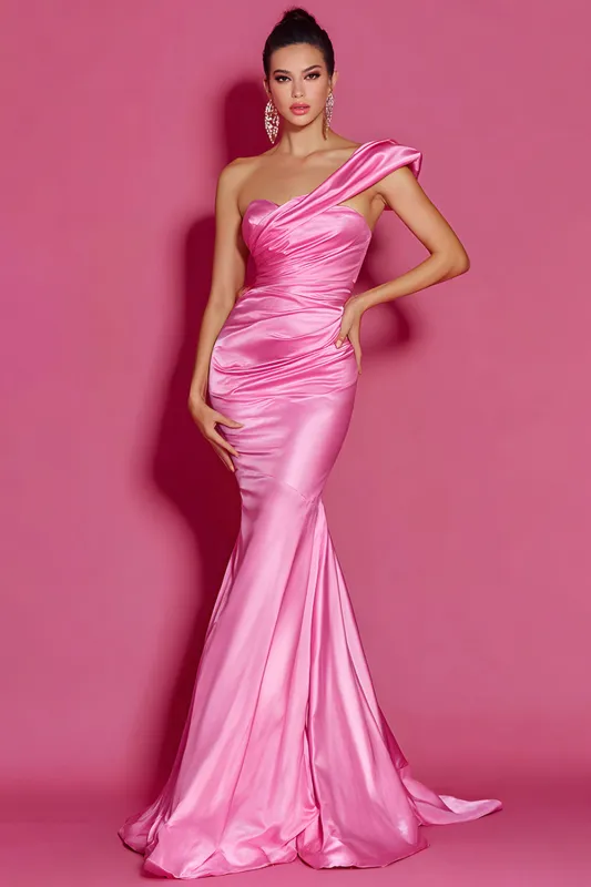 One Shoulder Hot Pink Mermaid Ruched Pageant Dress sold by Zapaka
