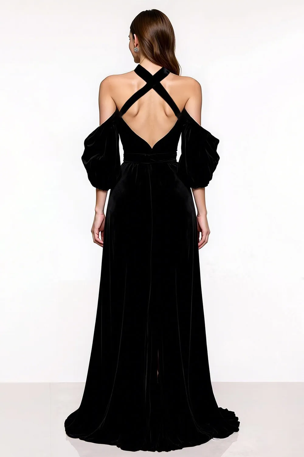 Black A Line Halter Velvet Pageant Dress with Slit sold by Zapaka product image thumbnail 2
