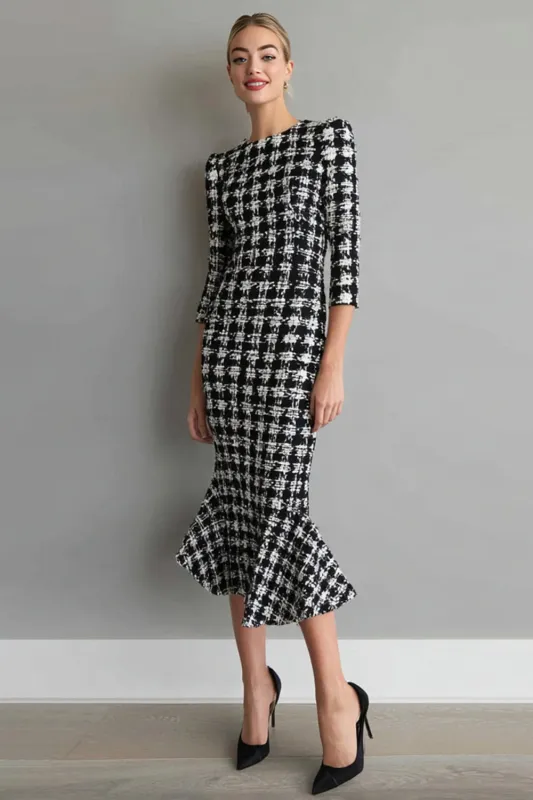 Black Grid Mermaid Work Dress with Ruffles sold by Zapaka