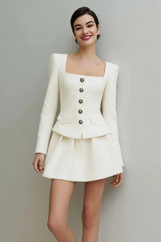 2 Piece Ivory Tweed Square Neck Single Breasted Long Sleeves Short Work Dress sold by Zapaka