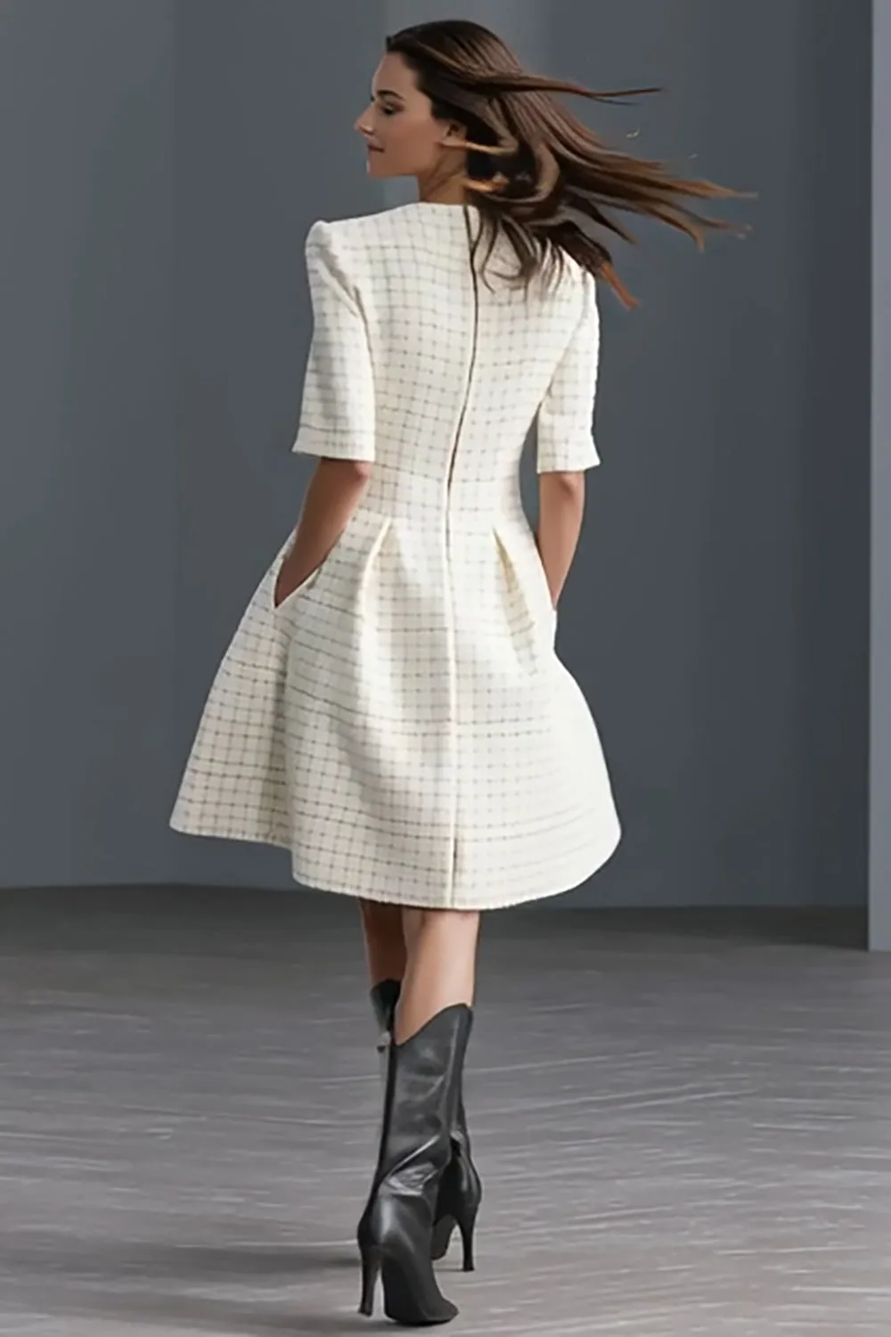 Ivory A Line Tweed Single Breasted Half Sleeves Midi Work Dress sold by Zapaka product image thumbnail 2