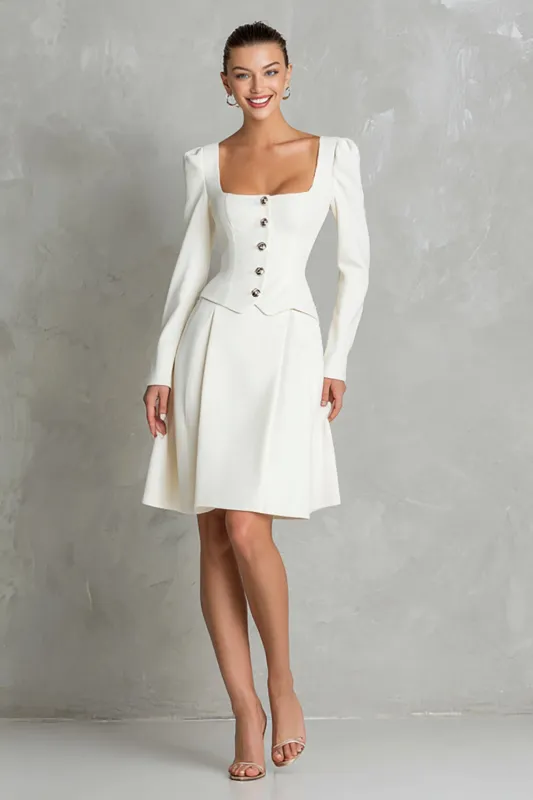 Ivory 2 Piece Square Neck Crepe Single Breasted Midi Work Dress with Sleeves sold by Zapaka