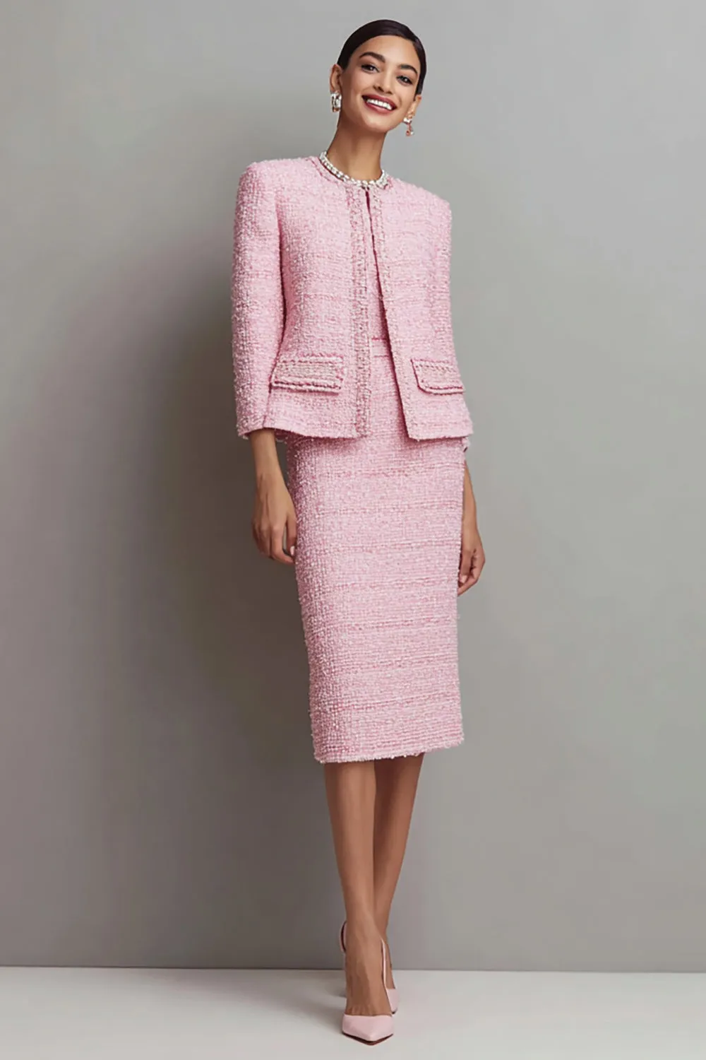 Pink Sheath Tweed 2-piece Long Sleeve Work Dress sold by Zapaka