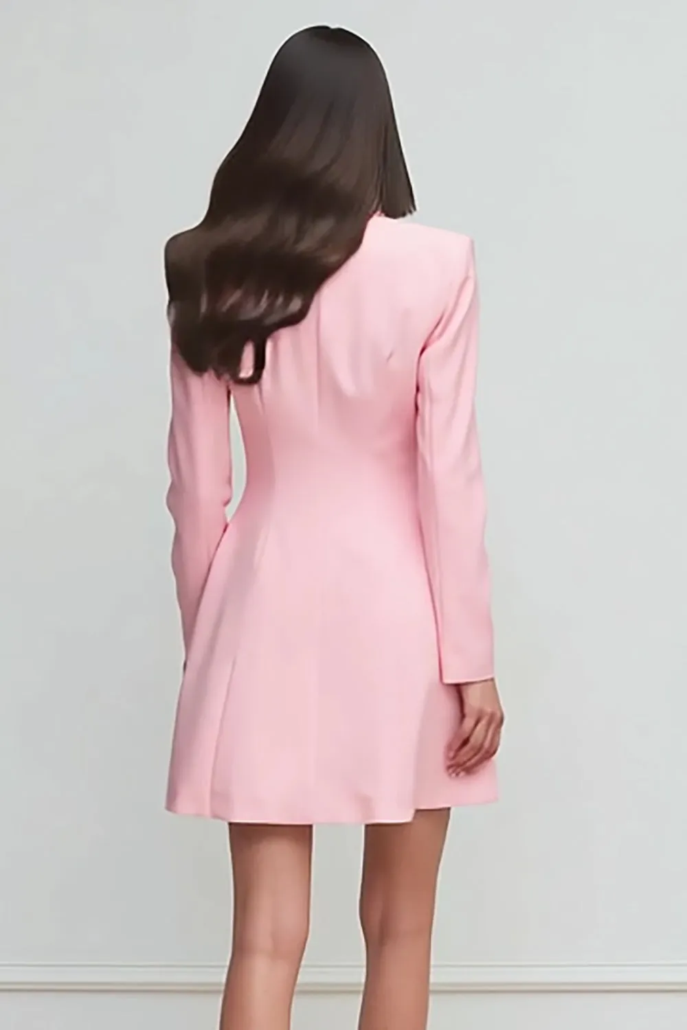 Pink Peak Lapel A Line Satin Double Breasted Short Work Dress with Sleeves sold by Zapaka product image thumbnail 2