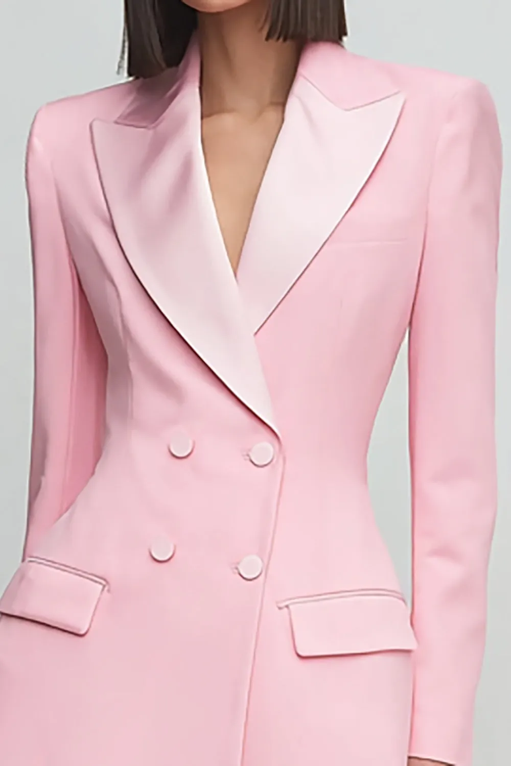 Pink Peak Lapel A Line Satin Double Breasted Short Work Dress with Sleeves sold by Zapaka product image thumbnail 3
