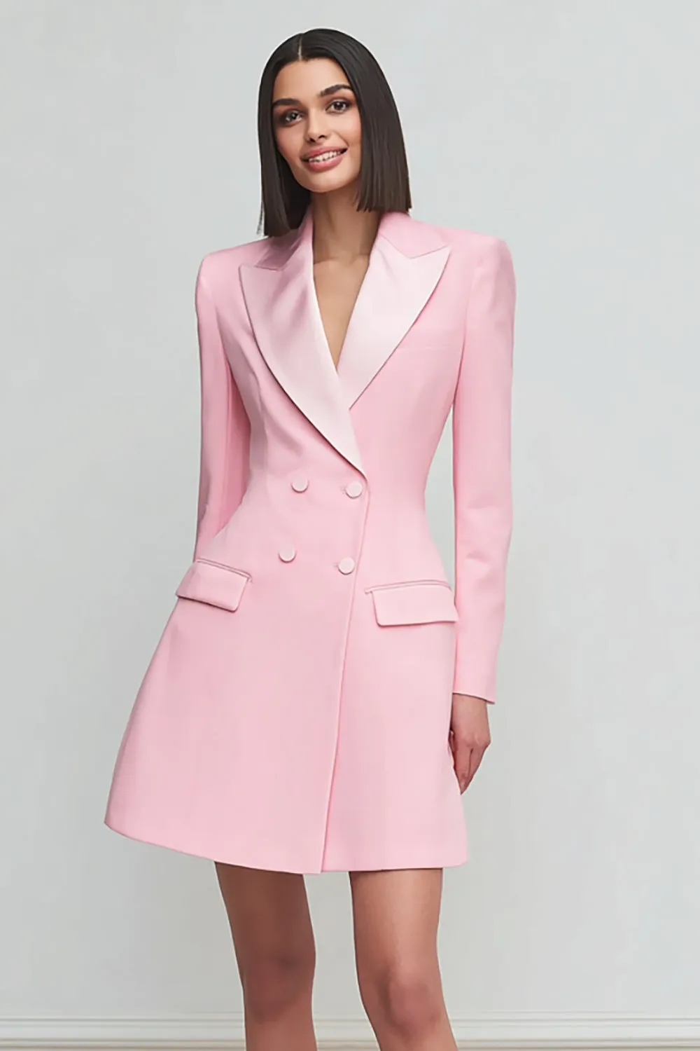 Pink Peak Lapel A Line Satin Double Breasted Short Work Dress with Sleeves sold by Zapaka