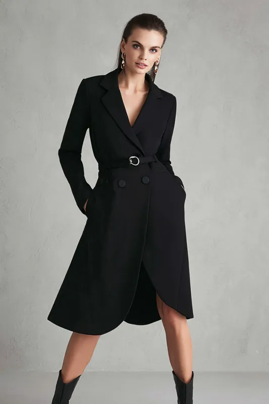 Black Satin Notched Lapel Buttons Long Sleeves Midi Work Dress with Belt sold by Zapaka