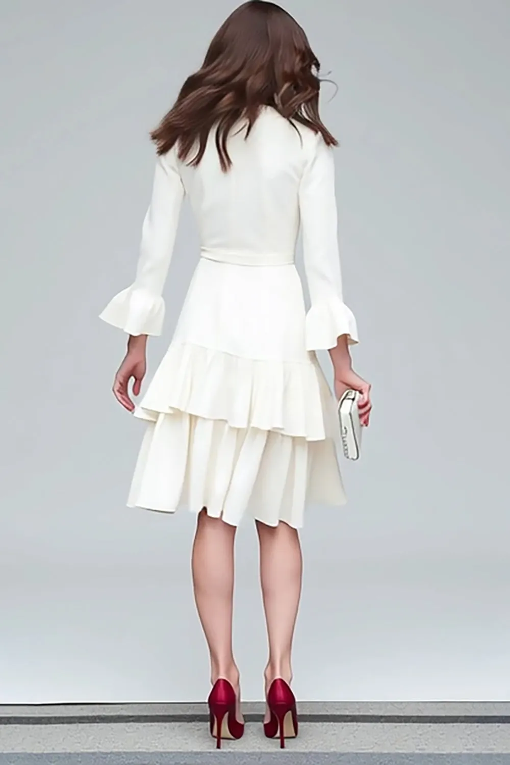 Ivory V-Neck Sheath Long Sleeves Midi Work Dress with Ruffles sold by Zapaka product image thumbnail 2