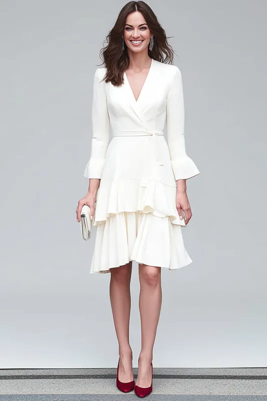 Ivory V-Neck Sheath Long Sleeves Midi Work Dress with Ruffles sold by Zapaka