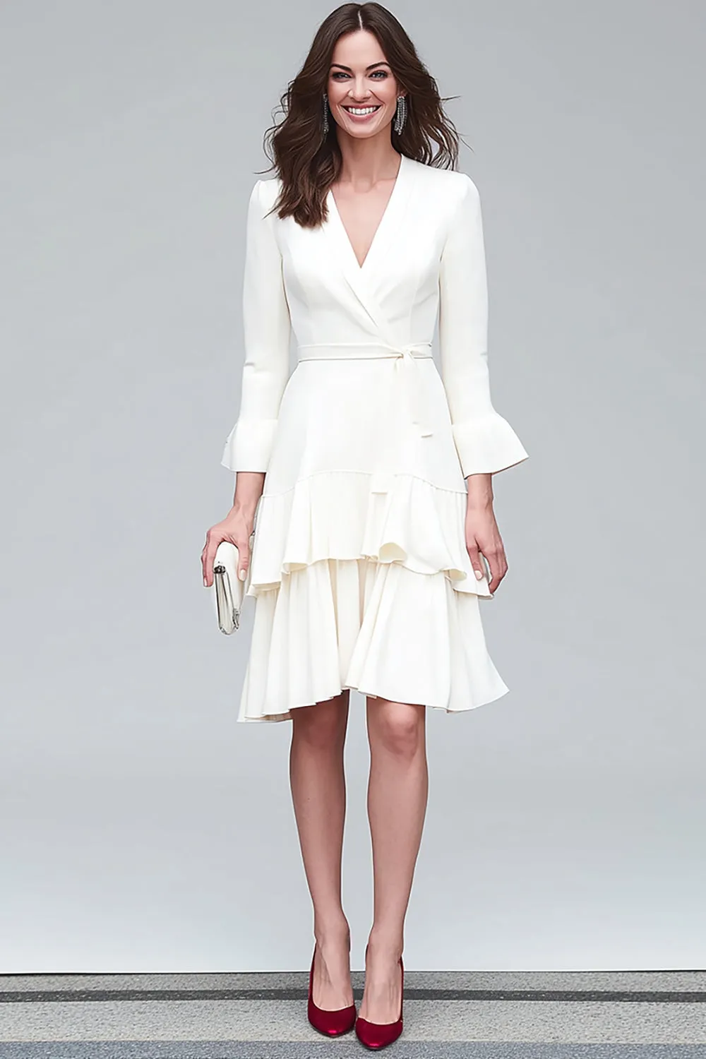 Ivory V-Neck Sheath Long Sleeves Midi Work Dress with Ruffles sold by Zapaka