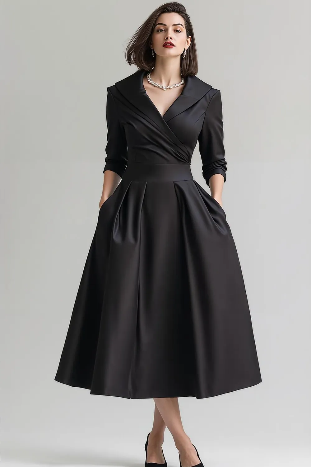 Black Satin A Line Shawl Lapel Work Dress with Pockets sold by Zapaka