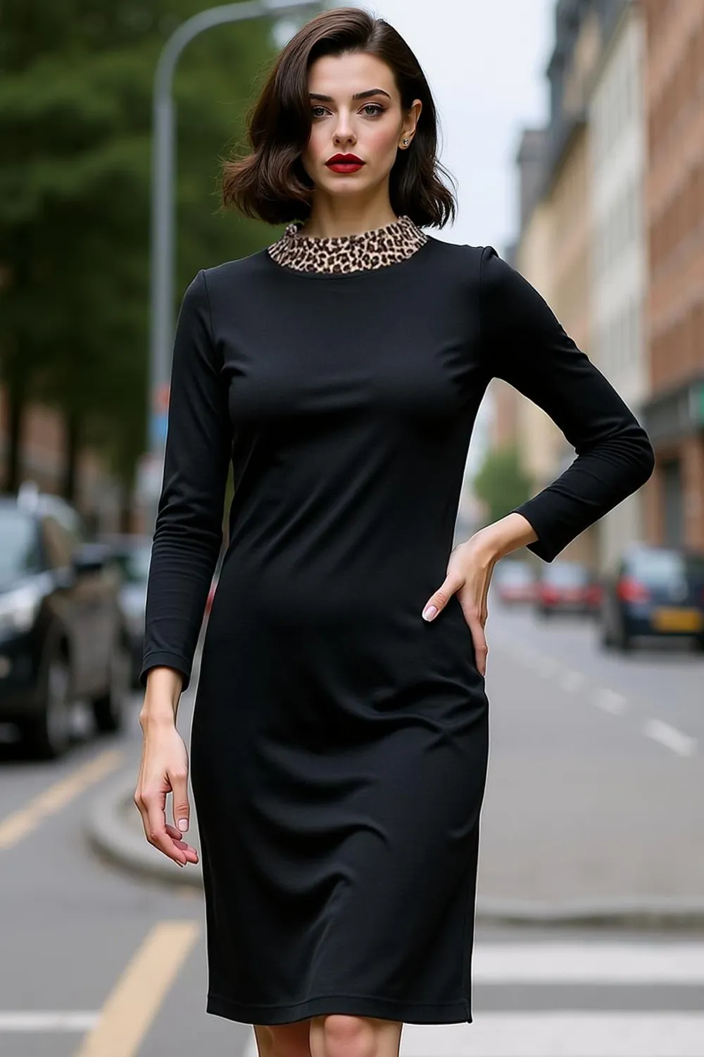 Black Pencil Round Neck Midi Work Dress with Sleeves sold by Zapaka product image thumbnail 3