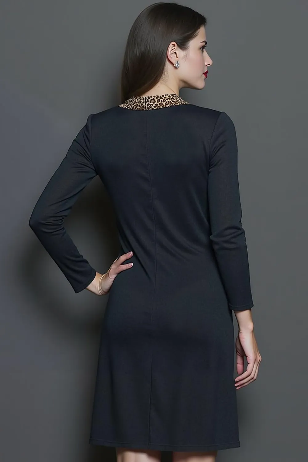 Black Pencil Round Neck Midi Work Dress with Sleeves sold by Zapaka product image thumbnail 5