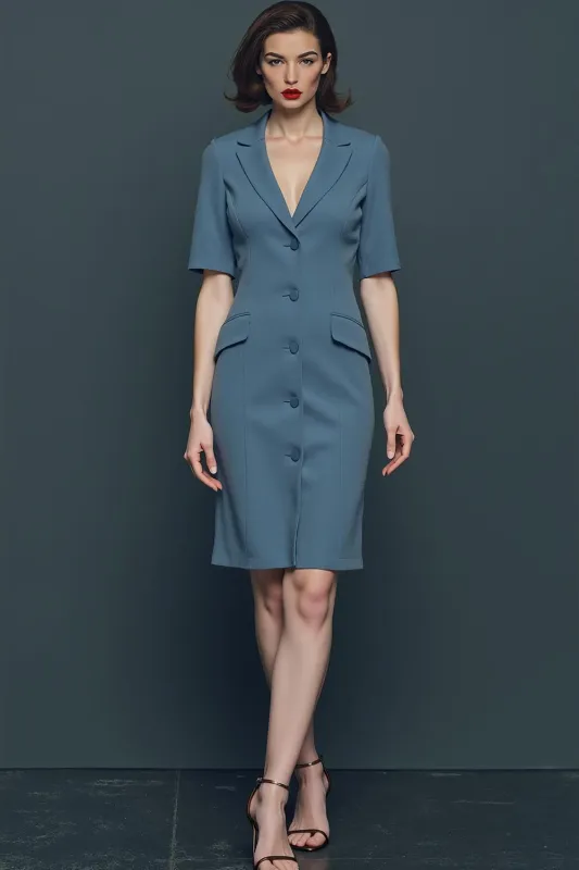 Dusty Blue Pencil Single Breasted Notched Lapel Midi Work Dress with Sleeves sold by Zapaka