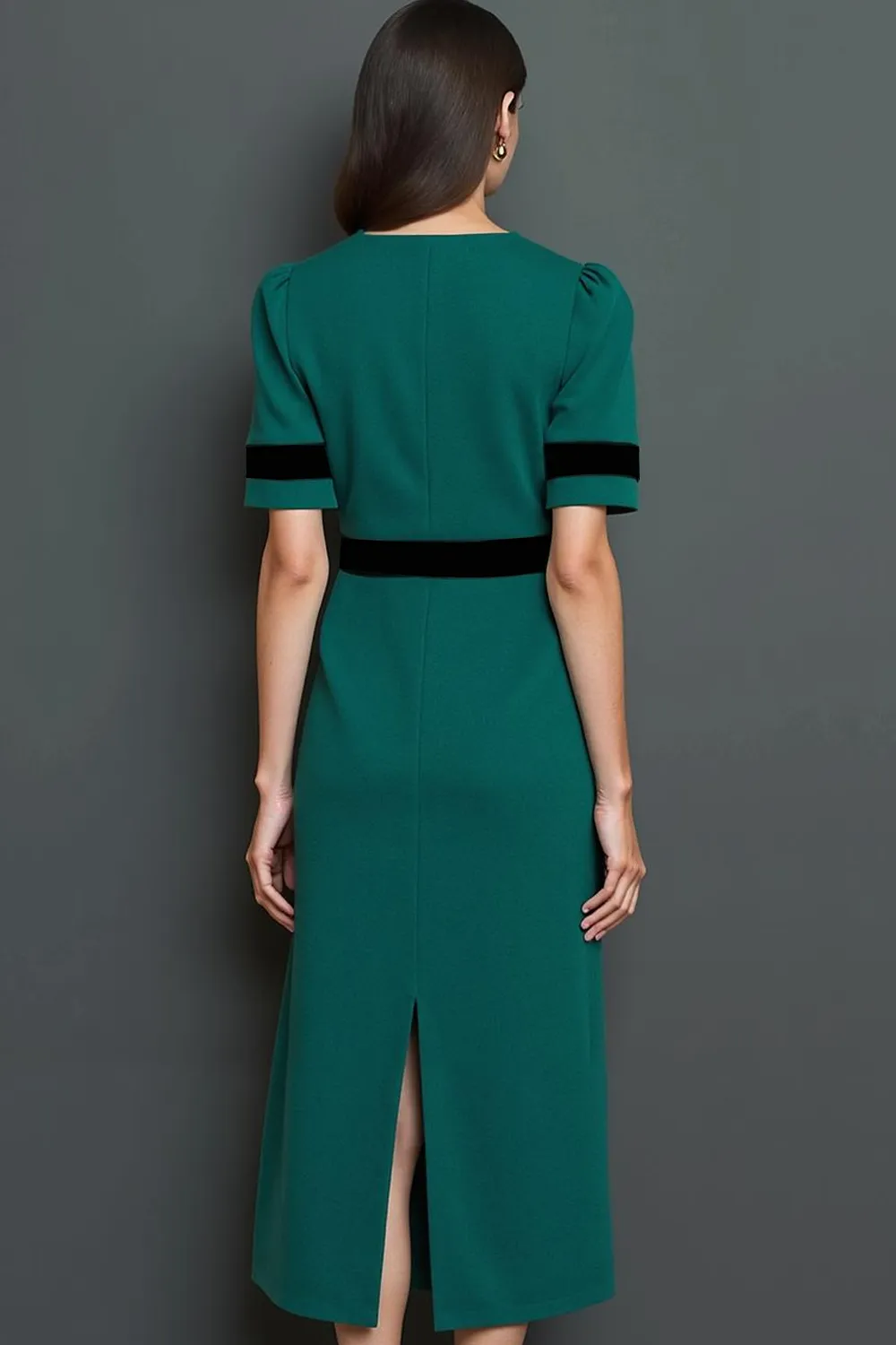 Dark Green A Line Short Sleeves Long Work Dress with Buttons sold by Zapaka product image thumbnail 4