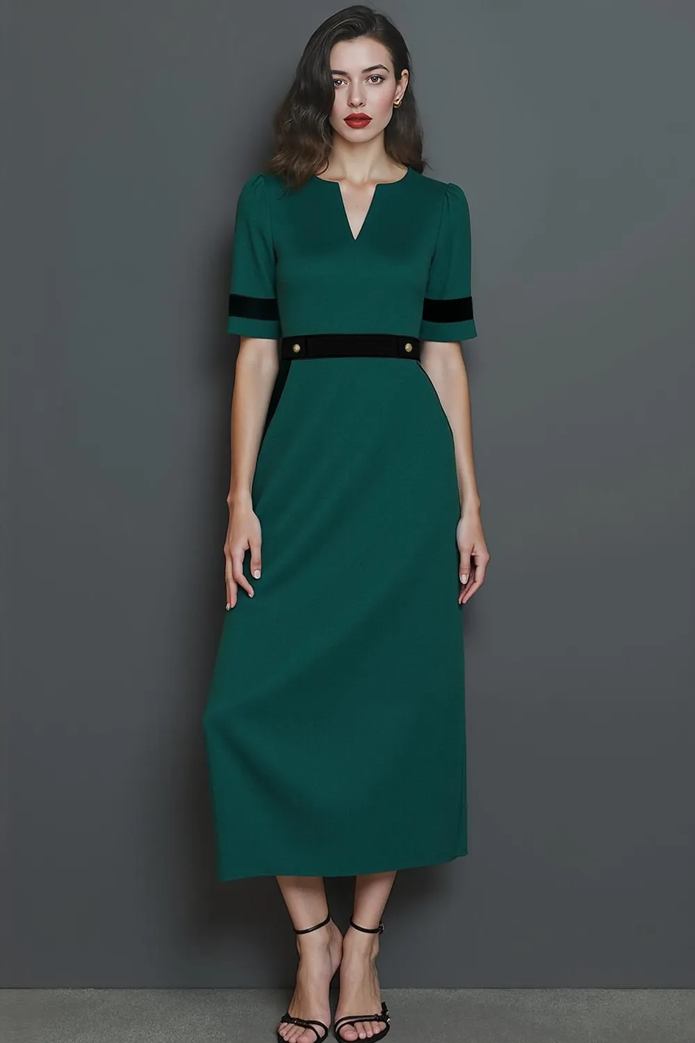 Dark Green A Line Short Sleeves Long Work Dress with Buttons sold by Zapaka