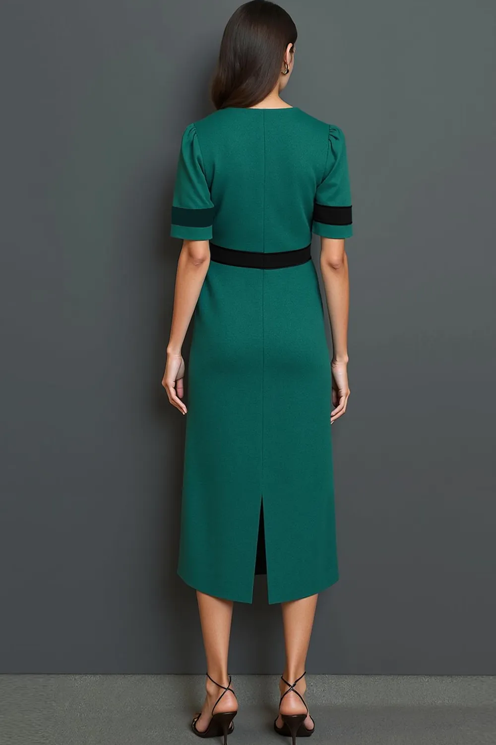 Dark Green A Line Short Sleeves Long Work Dress with Buttons sold by Zapaka product image thumbnail 2