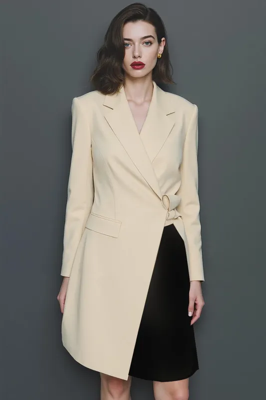 Champagne and Black A Line Notched Lapel Long Sleeves Short Work Dress with Sash sold by Zapaka