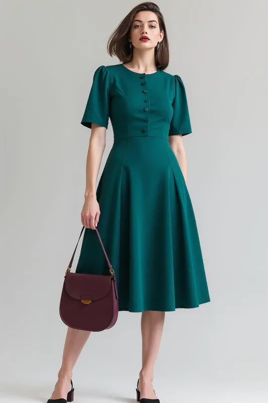 Dark Green Round Neck Short Sleeves A Line Midi Work Dress sold by Zapaka