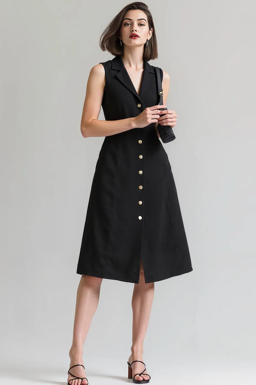 Black A Line Sleeveless Single Breasted Notched Lapel Midi Work Dress sold by Zapaka