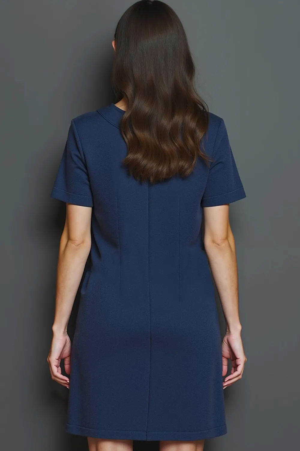 Navy A Line Round Neck Buttons Short Work Dress with Sleeves sold by Zapaka product image thumbnail 4