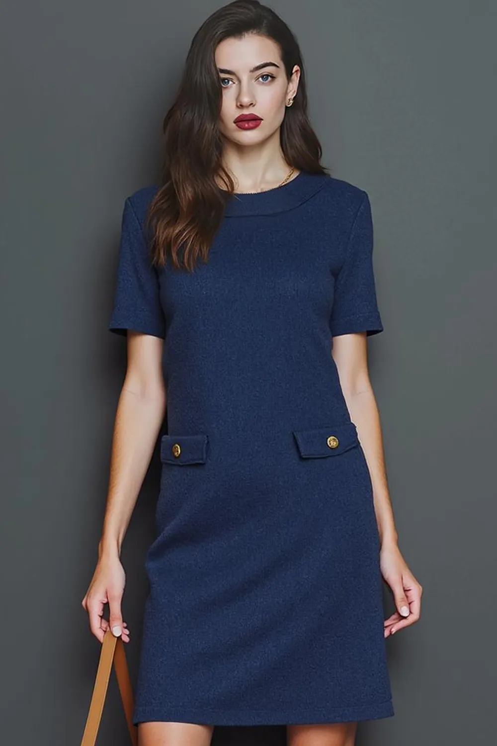 Navy A Line Round Neck Buttons Short Work Dress with Sleeves sold by Zapaka product image thumbnail 2