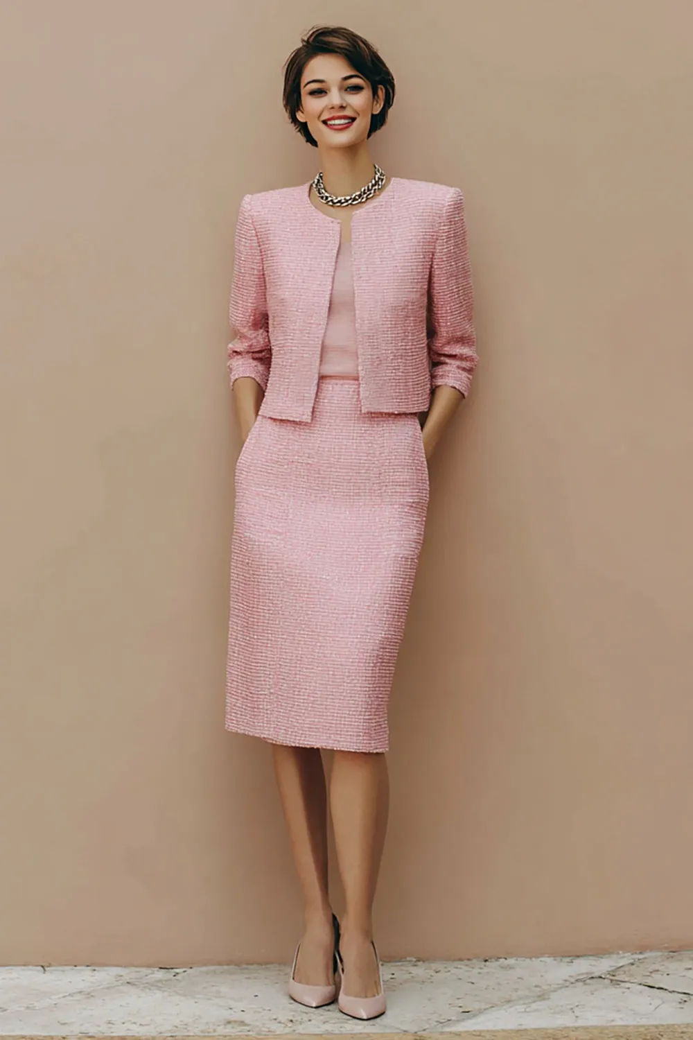 Pink Pencil Tweed Midi 2 Piece Work Dress sold by Zapaka