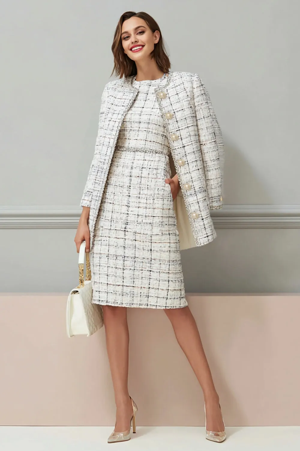 Mix Black Grid Tweed 2 Piece Midi Work Dress sold by Zapaka