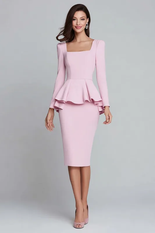 Pink Ruffled Sheath Square Neck Midi Work Dress sold by Zapaka