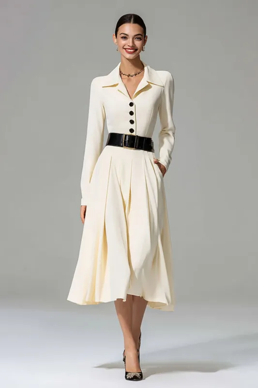 Ivory Peak Lapel A Line Midi Work Dress with Belt sold by Zapaka
