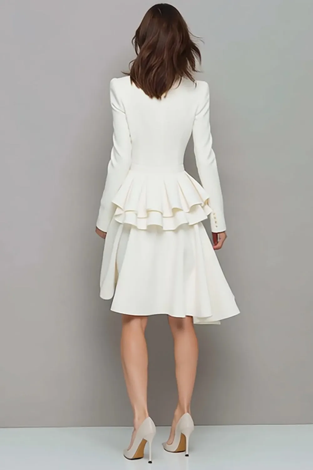 Ivory V Neck Ruffled A Line Midi Work Dress sold by Zapaka product image thumbnail 2