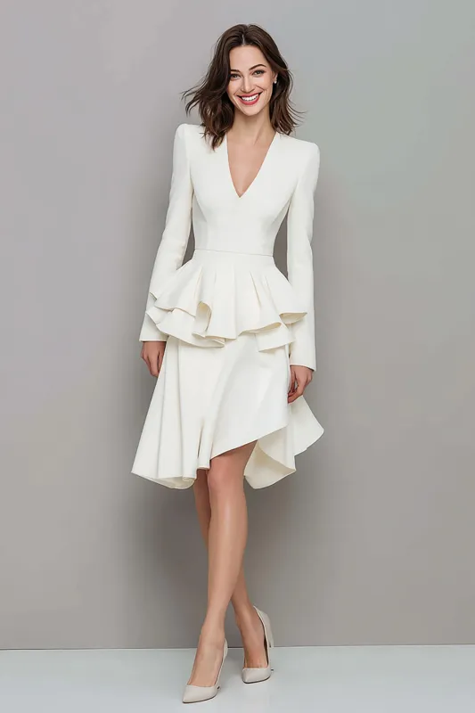 Ivory V Neck Ruffled A Line Midi Work Dress sold by Zapaka