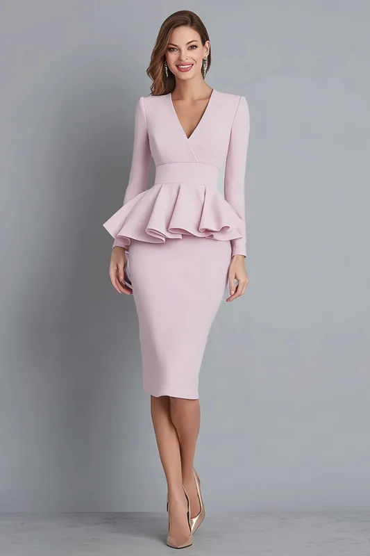 V Neck Ruffled Sheath Pink Midi Work Dress sold by Zapaka