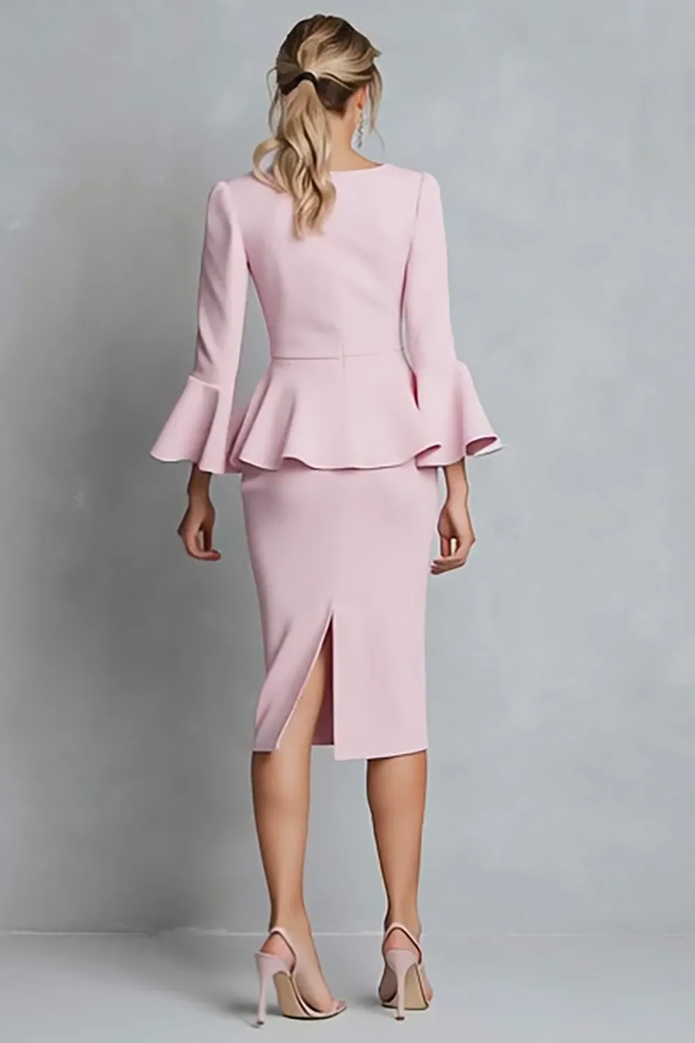 V Neck Ruffled Sheath Pink Midi Work Dress sold by Zapaka product image thumbnail 2