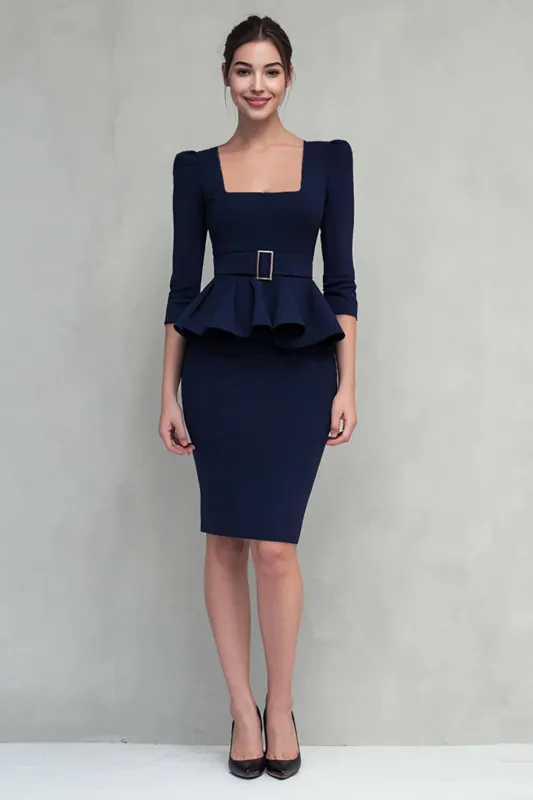 Navy Ruffled Square Neck Sheath Midi Work Dress sold by Zapaka