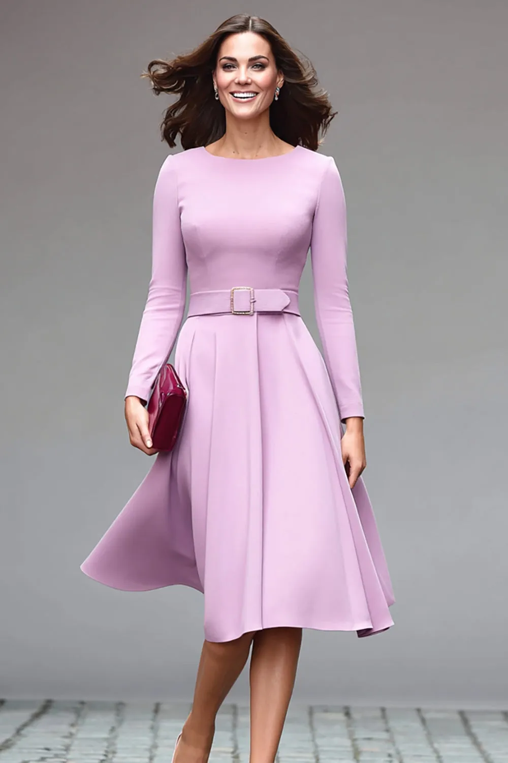 Lilac Round Neck A Line Midi Work Dress with Belt sold by Zapaka