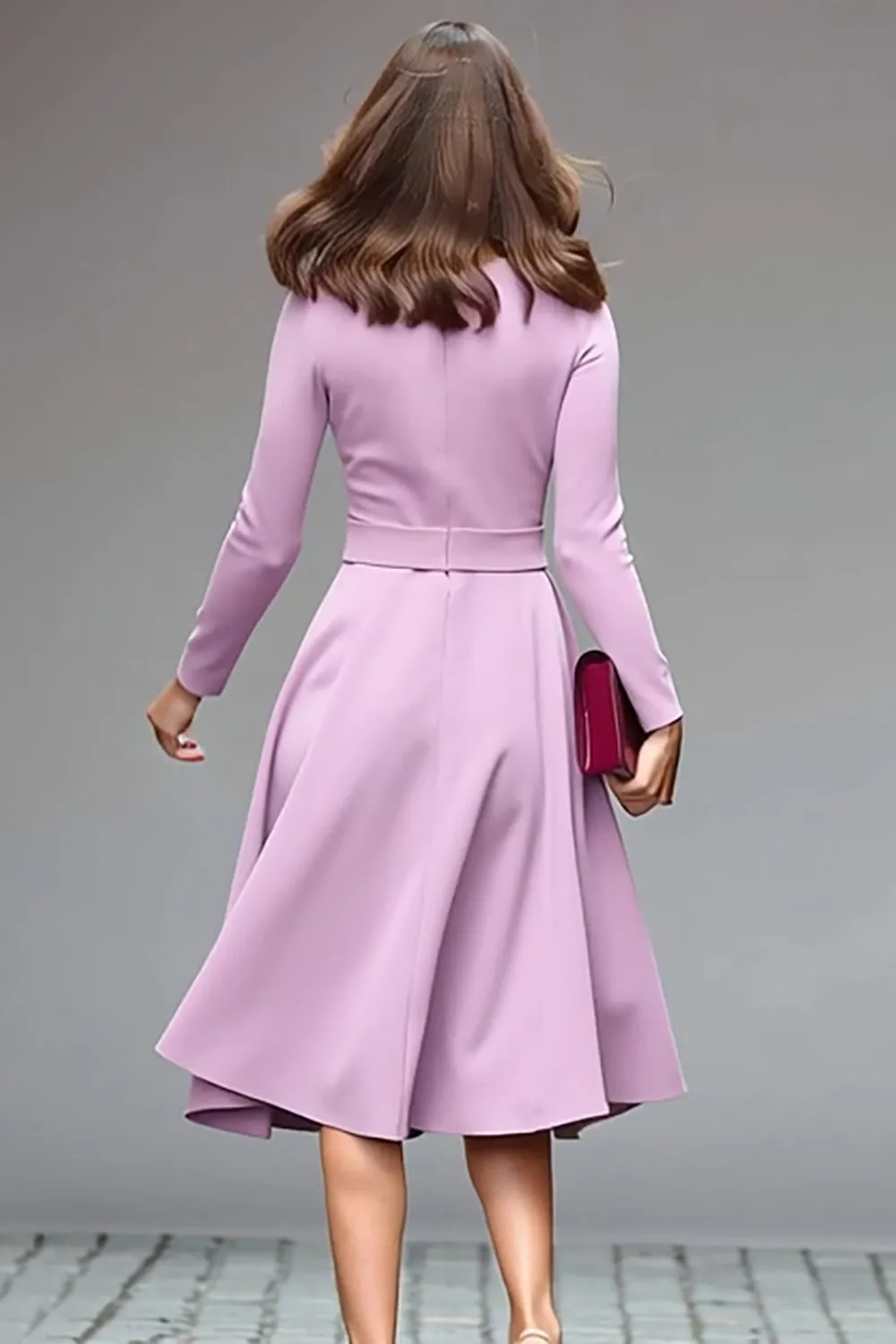 Lilac Round Neck A Line Midi Work Dress with Belt sold by Zapaka product image thumbnail 2