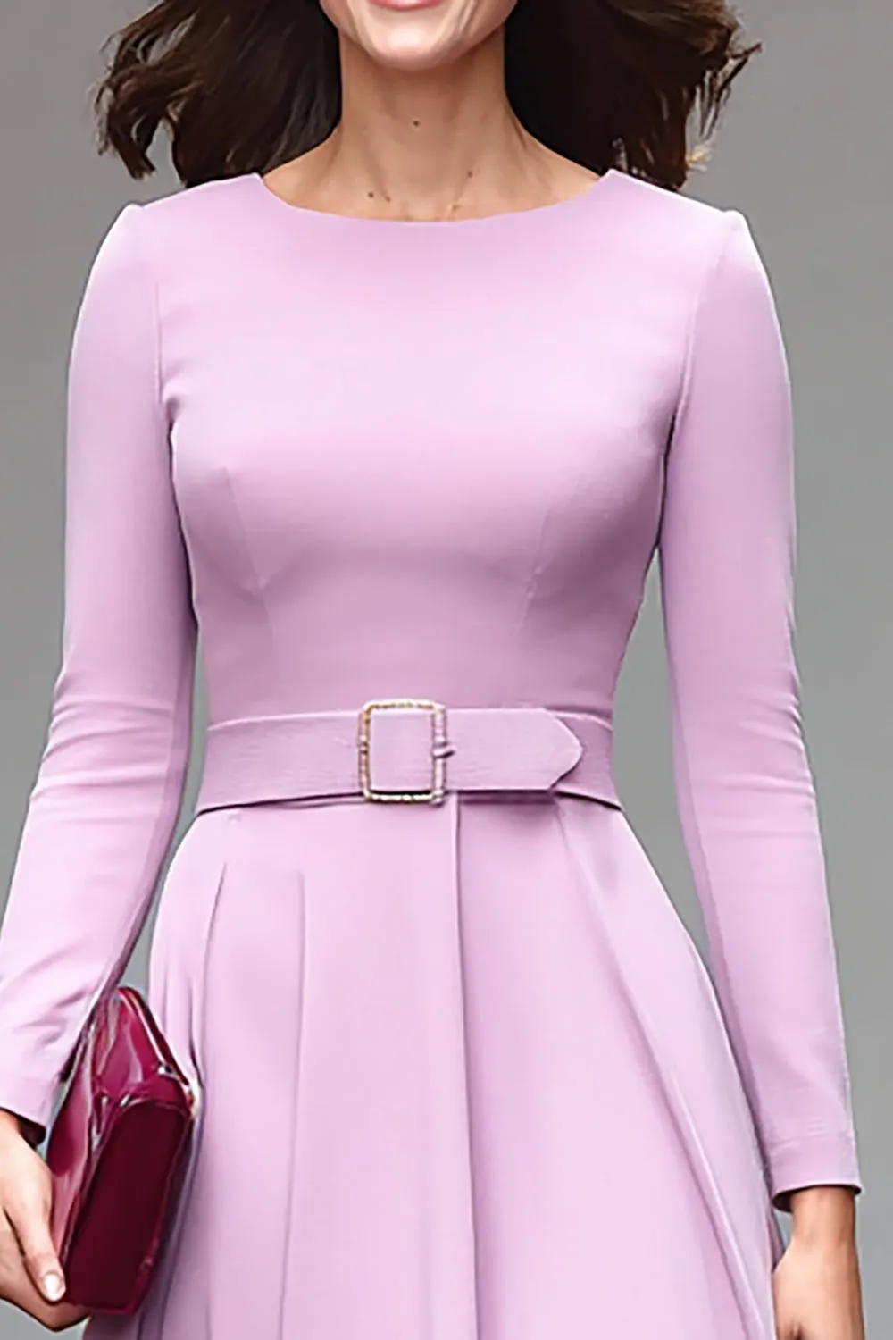 Lilac Round Neck A Line Midi Work Dress with Belt sold by Zapaka product image thumbnail 3